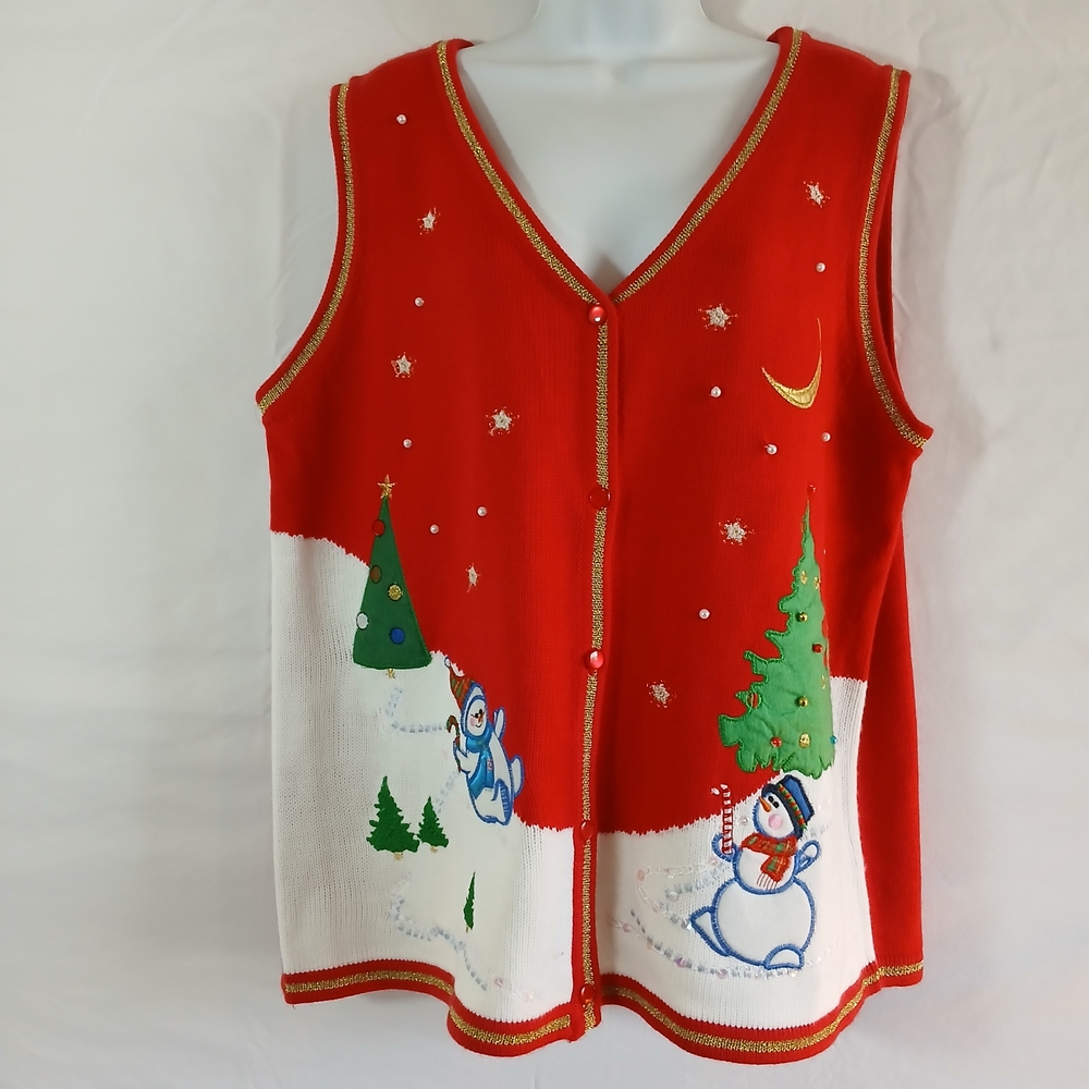 Christmas sweater Vest Red V‎ Neck Gold Trim Button sz XXL festive party Holiday